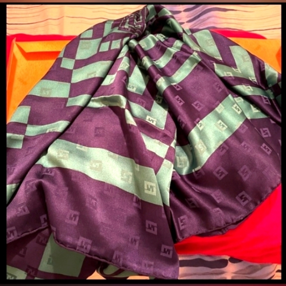Fendi Zucca logo silk scarf.